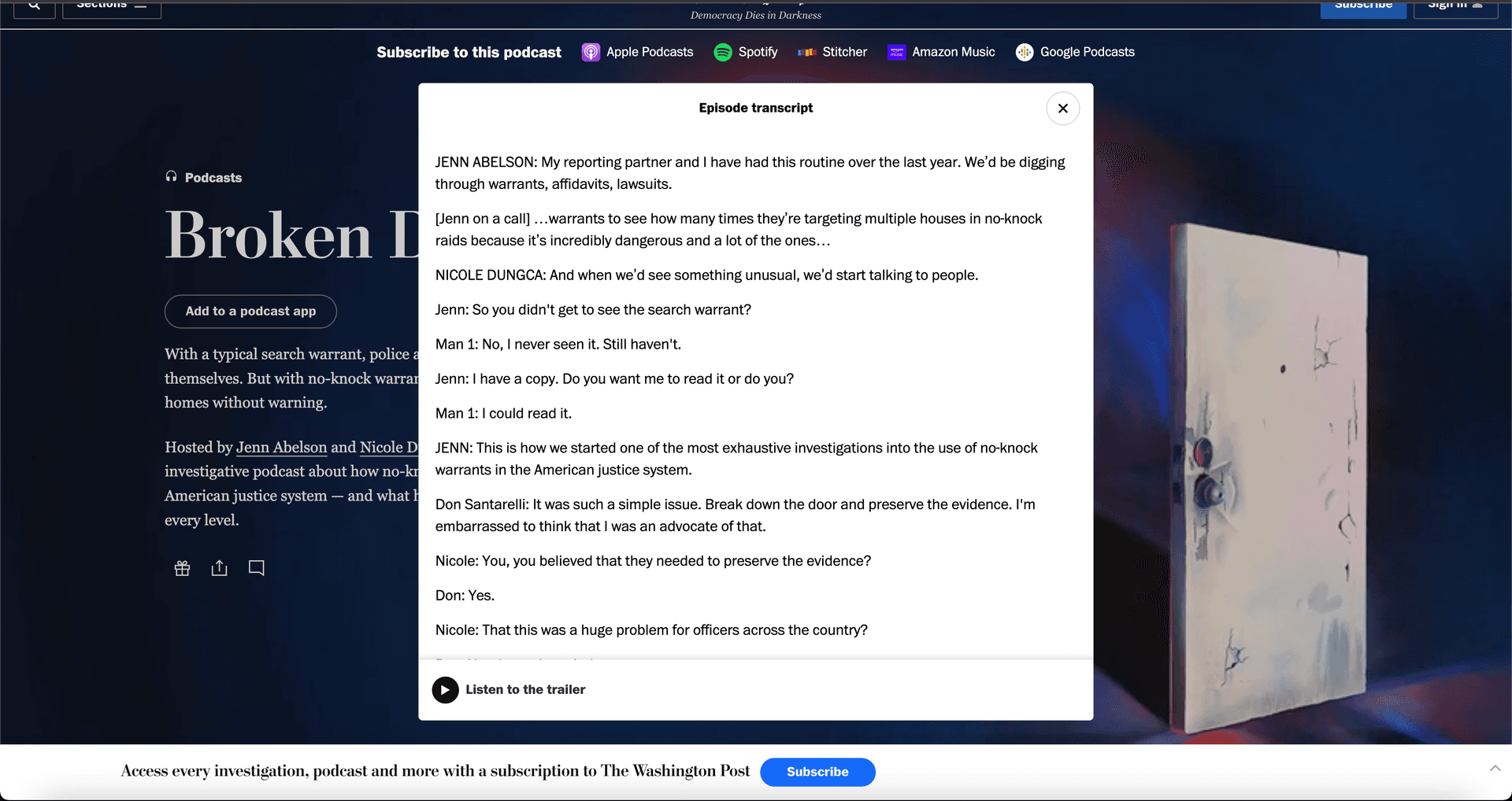 Screenshot of a Washington Post podcast transcript shows the text from the podcast along with laebls of who is speaking and other context.